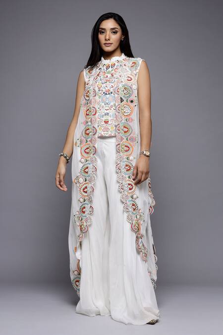 Sonali Gupta_White Silk, Viscose, Cotton Embroidery Floral Cutwork Cape Sharara Set _at_Aza_Fashions