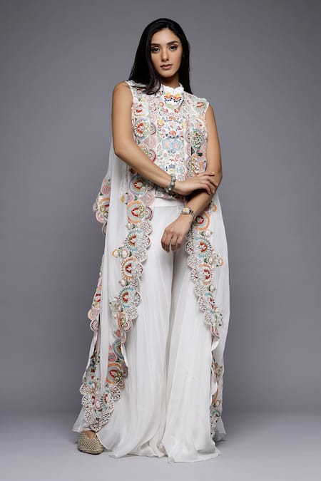 Buy_Sonali Gupta_White Silk, Viscose, Cotton Embroidery Floral Cutwork Cape Sharara Set 