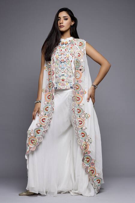 Shop_Sonali Gupta_White Silk, Viscose, Cotton Embroidery Floral Cutwork Cape Sharara Set 