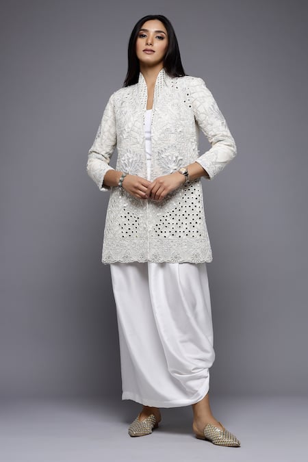 Sonali Gupta White 50% Silk Embroidered Mirror High Collar Jacket And Draped Skirt Set 