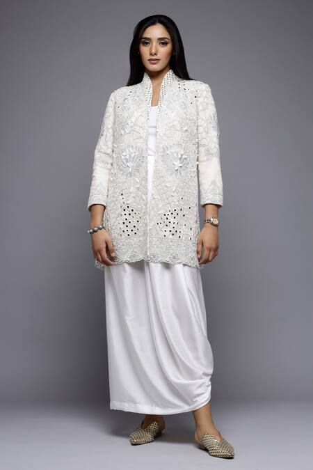 Sonali Gupta_White Silk, Viscose, Cotton Mirrors, Sequins, Jacket And Draped Skirt Set _Online_at_Aza_Fashions