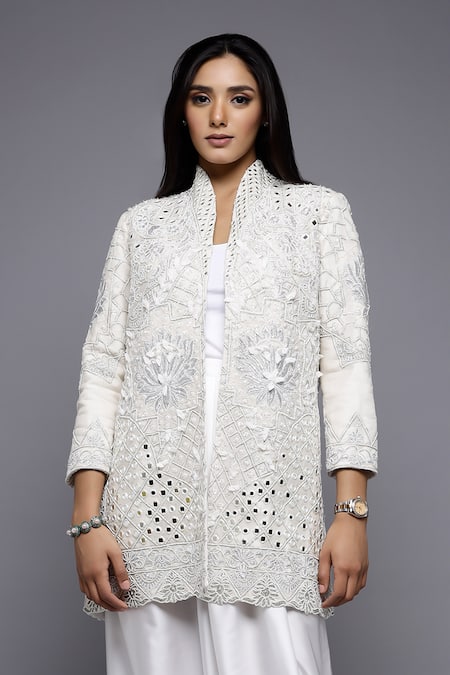Buy_Sonali Gupta_White Silk, Viscose, Cotton Mirrors, Sequins, Jacket And Draped Skirt Set _Online_at_Aza_Fashions