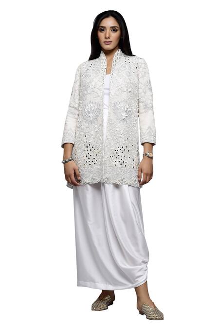 Shop_Sonali Gupta_White Silk, Viscose, Cotton Mirrors, Sequins, Jacket And Draped Skirt Set _Online_at_Aza_Fashions