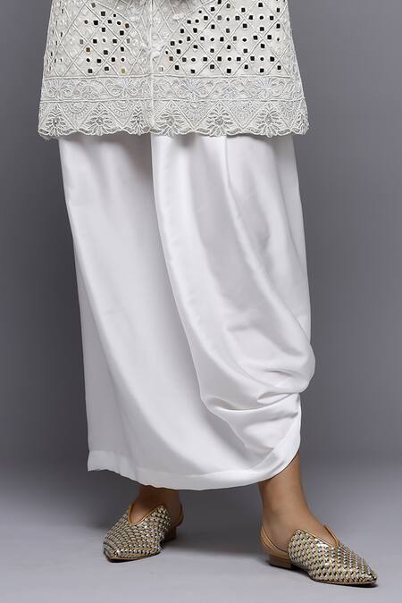 Sonali Gupta_White Silk, Viscose, Cotton Mirrors, Sequins, Jacket And Draped Skirt Set _at_Aza_Fashions