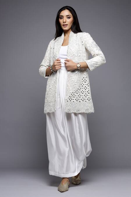 Buy_Sonali Gupta_White Silk, Viscose, Cotton Mirrors, Sequins, Jacket And Draped Skirt Set 