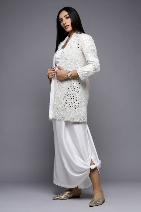 Shop_Sonali Gupta_White Silk, Viscose, Cotton Mirrors, Sequins, Jacket And Draped Skirt Set 