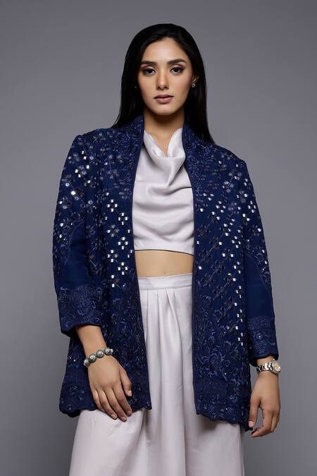 Buy_Sonali Gupta_Blue Silk, Viscose, Cotton Mirrors High Embroidered Jacket And Draped Skirt Set _Online_at_Aza_Fashions