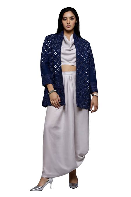Shop_Sonali Gupta_Blue Silk, Viscose, Cotton Mirrors High Embroidered Jacket And Draped Skirt Set _Online_at_Aza_Fashions