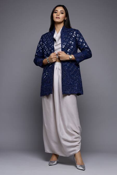 Sonali Gupta_Blue Silk, Viscose, Cotton Mirrors High Embroidered Jacket And Draped Skirt Set _at_Aza_Fashions