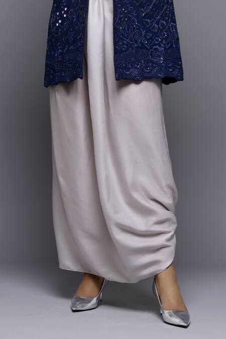 Buy_Sonali Gupta_Blue Silk, Viscose, Cotton Mirrors High Embroidered Jacket And Draped Skirt Set 