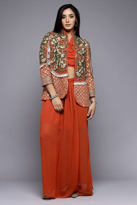 Sonali Gupta_Brown Silk, Viscose Embroidery High Neck Aari Jacket And Skirt Set _Online_at_Aza_Fashions