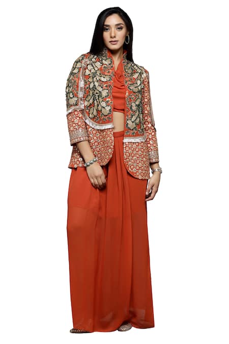 Shop_Sonali Gupta_Brown Silk, Viscose Embroidery High Neck Aari Jacket And Skirt Set _Online_at_Aza_Fashions