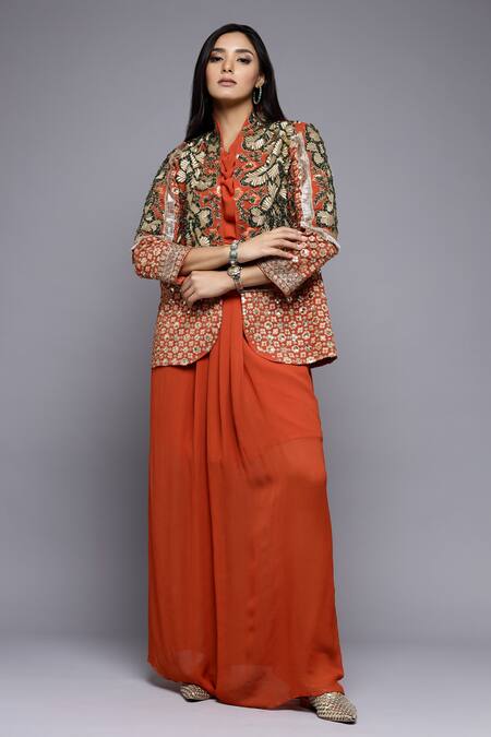 Sonali Gupta_Brown Silk, Viscose Embroidery High Neck Aari Jacket And Skirt Set _at_Aza_Fashions