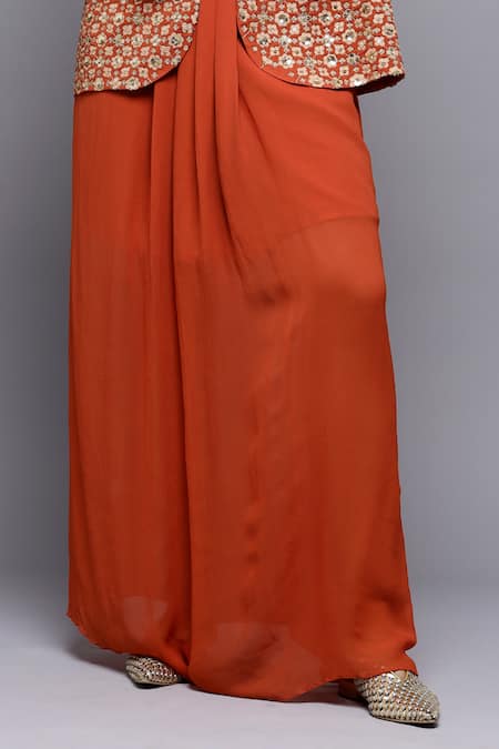 Buy_Sonali Gupta_Brown Silk, Viscose Embroidery High Neck Aari Jacket And Skirt Set 