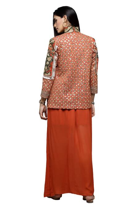 Shop_Sonali Gupta_Brown Silk, Viscose Embroidery High Neck Aari Jacket And Skirt Set 