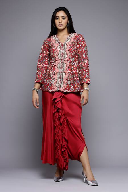 Buy_Sonali Gupta_Fuchsia Silk, Viscose, Cotton Embroidery, Mughal Jaal Jacket And Draped Skirt Set _Online_at_Aza_Fashions