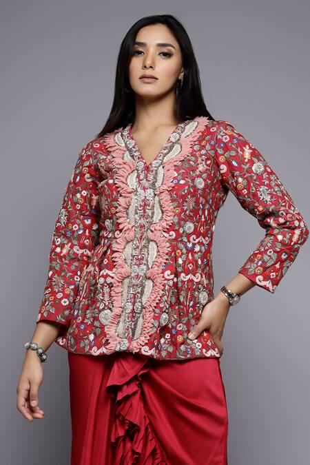 Shop_Sonali Gupta_Fuchsia Silk, Viscose, Cotton Embroidery, Mughal Jaal Jacket And Draped Skirt Set _Online_at_Aza_Fashions