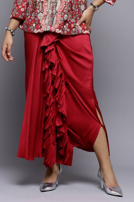 Sonali Gupta_Fuchsia Silk, Viscose, Cotton Embroidery, Mughal Jaal Jacket And Draped Skirt Set _at_Aza_Fashions