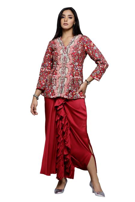 Buy_Sonali Gupta_Fuchsia Silk, Viscose, Cotton Embroidery, Mughal Jaal Jacket And Draped Skirt Set 