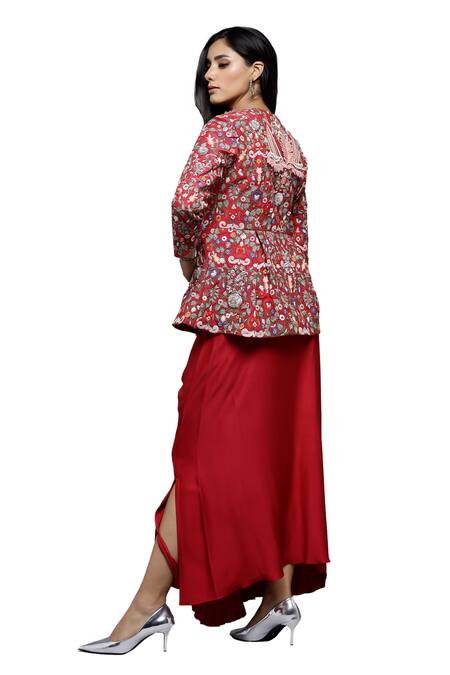 Shop_Sonali Gupta_Fuchsia Silk, Viscose, Cotton Embroidery, Mughal Jaal Jacket And Draped Skirt Set 