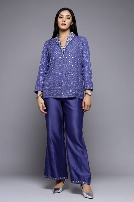 Sonali Gupta_Blue 50% Silk Embroidered Mirror Shawl Collar Jacket And Pant Set  _Online_at_Aza_Fashions