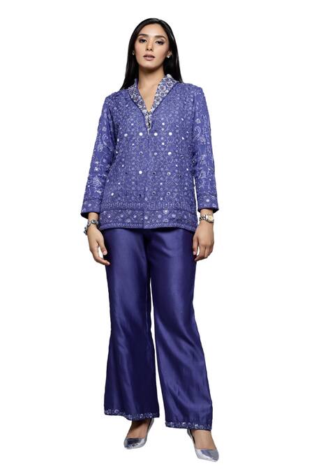 Buy_Sonali Gupta_Blue 50% Silk Embroidered Mirror Shawl Collar Jacket And Pant Set  _Online_at_Aza_Fashions