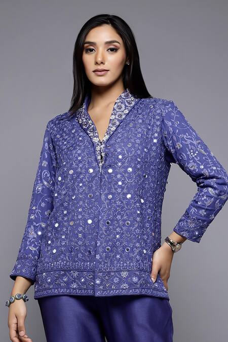 Shop_Sonali Gupta_Blue 50% Silk Embroidered Mirror Shawl Collar Jacket And Pant Set  _Online_at_Aza_Fashions