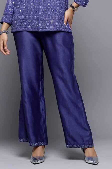 Sonali Gupta_Blue 50% Silk Embroidered Mirror Shawl Collar Jacket And Pant Set  _at_Aza_Fashions