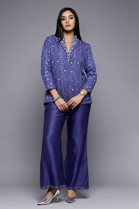 Buy_Sonali Gupta_Blue 50% Silk Embroidered Mirror Shawl Collar Jacket And Pant Set  