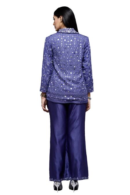 Shop_Sonali Gupta_Blue 50% Silk Embroidered Mirror Shawl Collar Jacket And Pant Set  