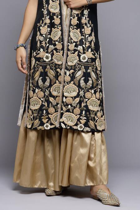 Buy_Sonali Gupta_Black Silk, Viscose Embroidery Collared Mughal Floral Kurta And Gharara Set _Online_at_Aza_Fashions