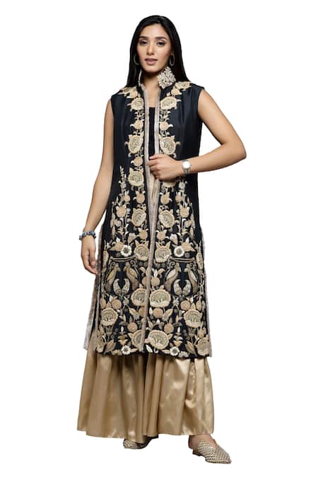 Shop_Sonali Gupta_Black Silk, Viscose Embroidery Collared Mughal Floral Kurta And Gharara Set _Online_at_Aza_Fashions