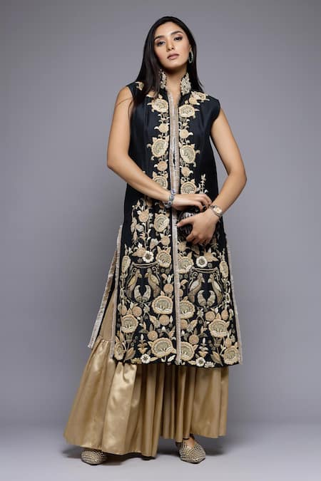 Sonali Gupta_Black Silk, Viscose Embroidery Collared Mughal Floral Kurta And Gharara Set _at_Aza_Fashions