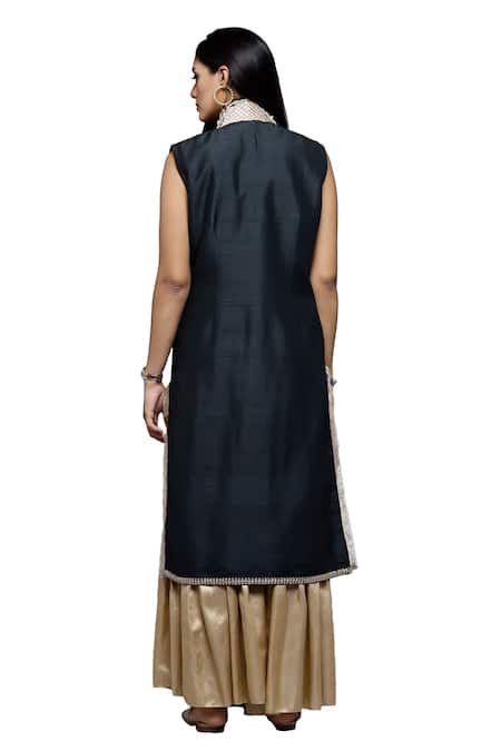 Shop_Sonali Gupta_Black Silk, Viscose Embroidery Collared Mughal Floral Kurta And Gharara Set 