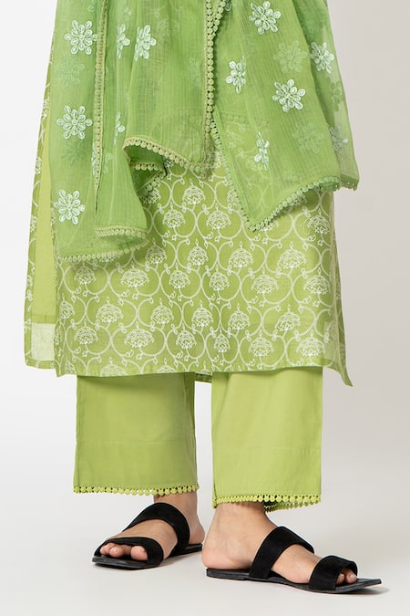 Kameez_Green Chanderi, Cotton, Kota Doria Floral Handblock Print Kurta Pant Set _Online_at_Aza_Fashions