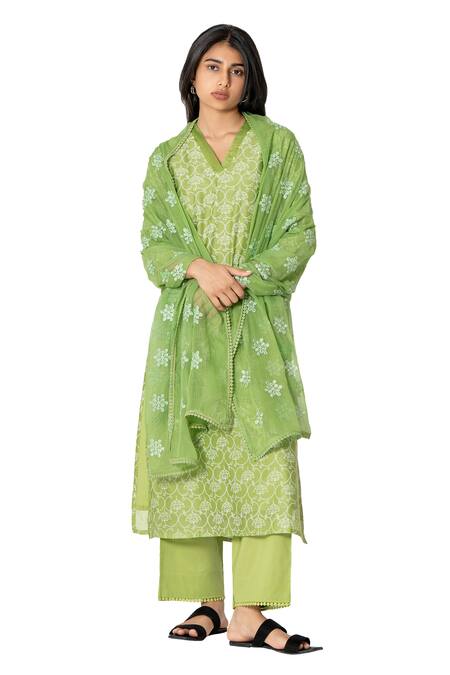 Shop_Kameez_Green Chanderi, Cotton, Kota Doria Floral Handblock Print Kurta Pant Set 