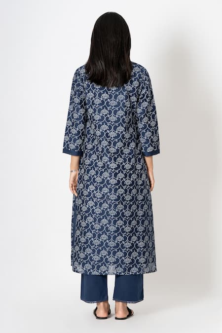 Shop Kameez Blue Chanderi, Cotton, Kota Doria Bloom Handblock Print Kurta Pant Set at Aza Fashions Shop_Kameez_Blue Chanderi, Cotton, Kota Doria Bloom Handblock Print Kurta Pant Set _at_Aza_Fashions