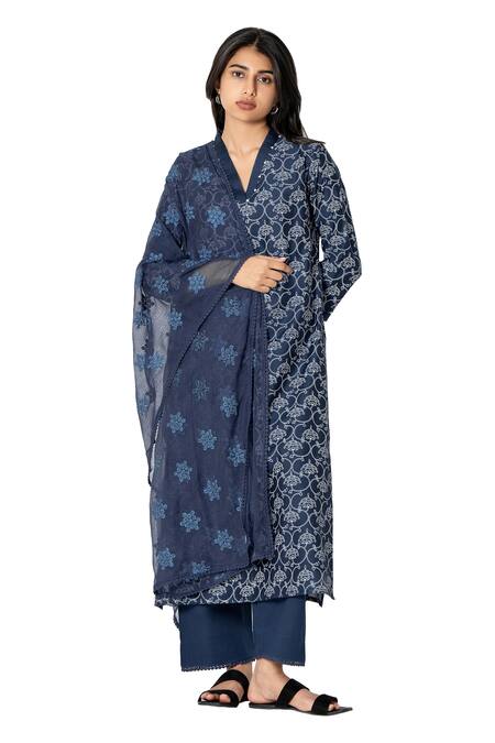 Kameez Blue Chanderi, Cotton, Kota Doria Bloom Handblock Print Kurta Pant Set Online at Aza Fashions Kameez_Blue Chanderi, Cotton, Kota Doria Bloom Handblock Print Kurta Pant Set _Online_at_Aza_Fashions