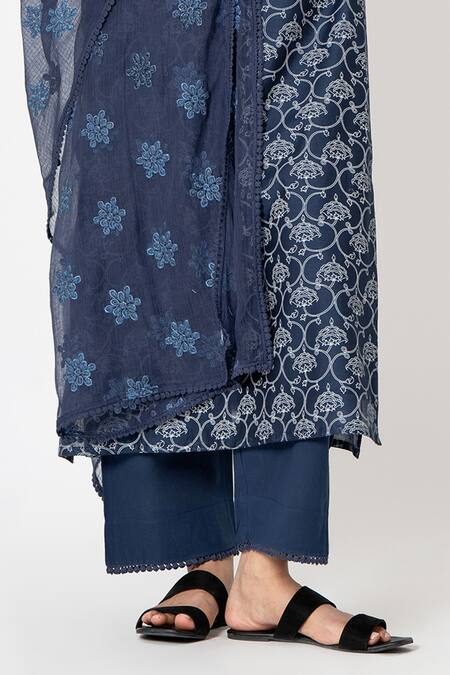 Buy Kameez Blue Chanderi, Cotton, Kota Doria Bloom Handblock Print Kurta Pant Set Online at Aza Fashions Buy_Kameez_Blue Chanderi, Cotton, Kota Doria Bloom Handblock Print Kurta Pant Set _Online_at_Aza_Fashions