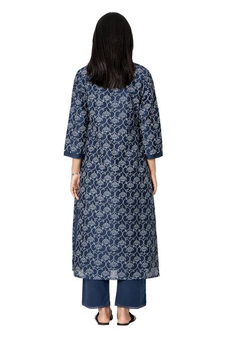 Kameez Blue Chanderi, Cotton, Kota Doria Bloom Handblock Print Kurta Pant Set at Aza Fashions Kameez_Blue Chanderi, Cotton, Kota Doria Bloom Handblock Print Kurta Pant Set _at_Aza_Fashions