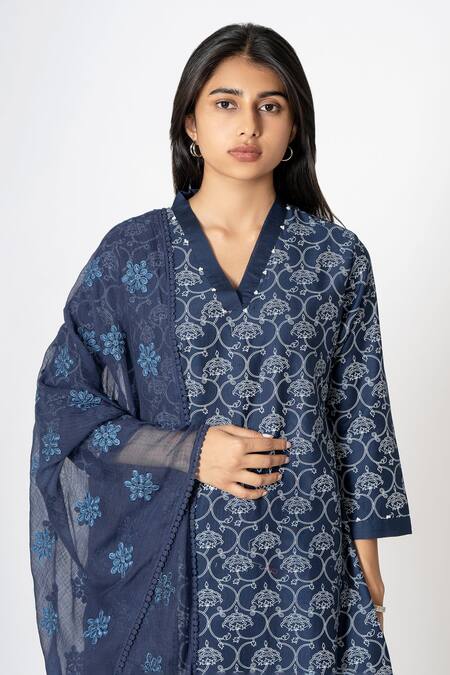 Buy Kameez Blue Chanderi, Cotton, Kota Doria Bloom Handblock Print Kurta Pant Set Buy_Kameez_Blue Chanderi, Cotton, Kota Doria Bloom Handblock Print Kurta Pant Set