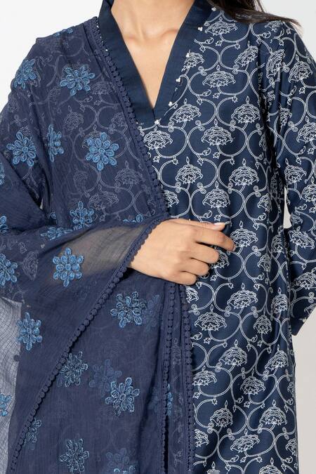 Shop Kameez Blue Chanderi, Cotton, Kota Doria Bloom Handblock Print Kurta Pant Set Shop_Kameez_Blue Chanderi, Cotton, Kota Doria Bloom Handblock Print Kurta Pant Set