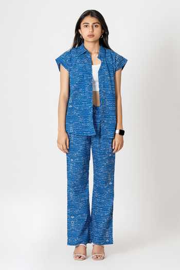 Shop_Kameez_Blue Cotton Print Dot Collar Neck Shirt With Pant_Online_at_Aza_Fashions