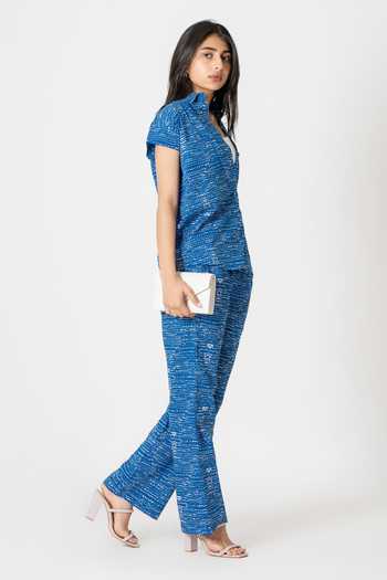 Kameez_Blue Cotton Print Dot Collar Neck Shirt With Pant_at_Aza_Fashions