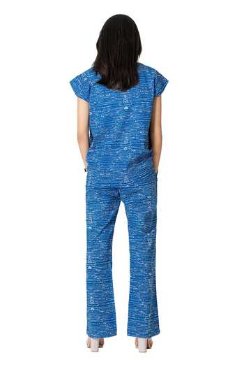 Buy_Kameez_Blue Cotton Print Dot Collar Neck Shirt With Pant