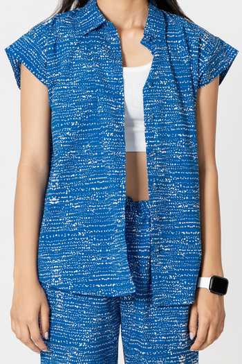 Shop_Kameez_Blue Cotton Print Dot Collar Neck Shirt With Pant