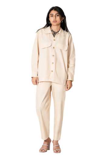 Kameez_Beige Poplin Solid Collar Neck Flap Pocket Shirt With Pant_Online_at_Aza_Fashions