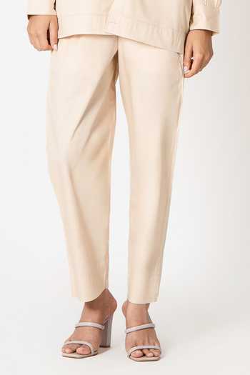 Buy_Kameez_Beige Poplin Solid Collar Neck Flap Pocket Shirt With Pant_Online_at_Aza_Fashions