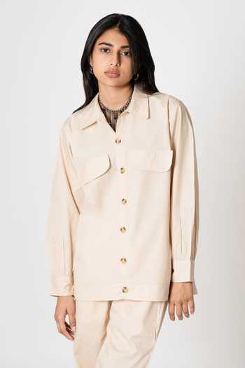 Buy_Kameez_Beige Poplin Solid Collar Neck Flap Pocket Shirt With Pant