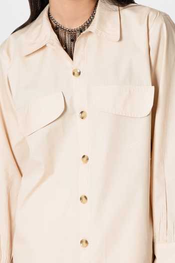 Shop_Kameez_Beige Poplin Solid Collar Neck Flap Pocket Shirt With Pant